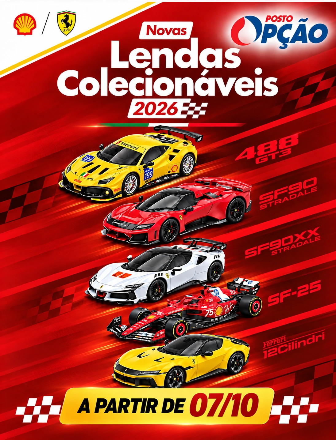 Arte completa da campanha Lendas Colecionáveis Ferrari 2026, com cinco miniaturas e início em 07 de outubro
