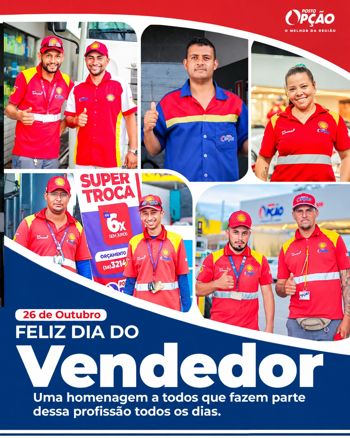 Arte completa de homenagem ao Dia do Vendedor, com fotografias dos profissionais do Posto Opção